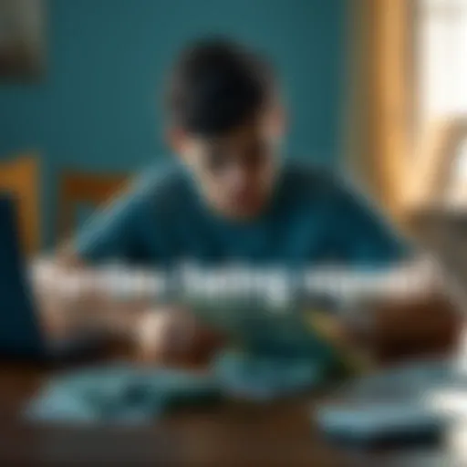 A young man looking distressed while sitting at a table with bills and a laptop, symbolizing financial stress and addiction.