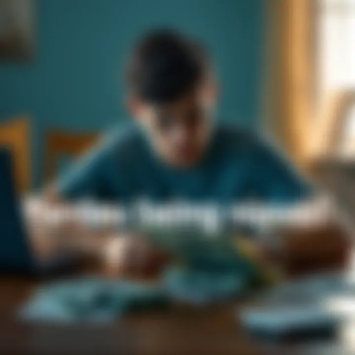 A young man looking distressed while sitting at a table with bills and a laptop, symbolizing financial stress and addiction.
