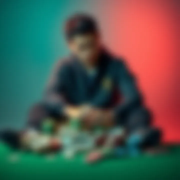 A young man sitting alone with a solemn expression, looking at a pile of bills and gaming items, symbolizing his battle with gambling addiction