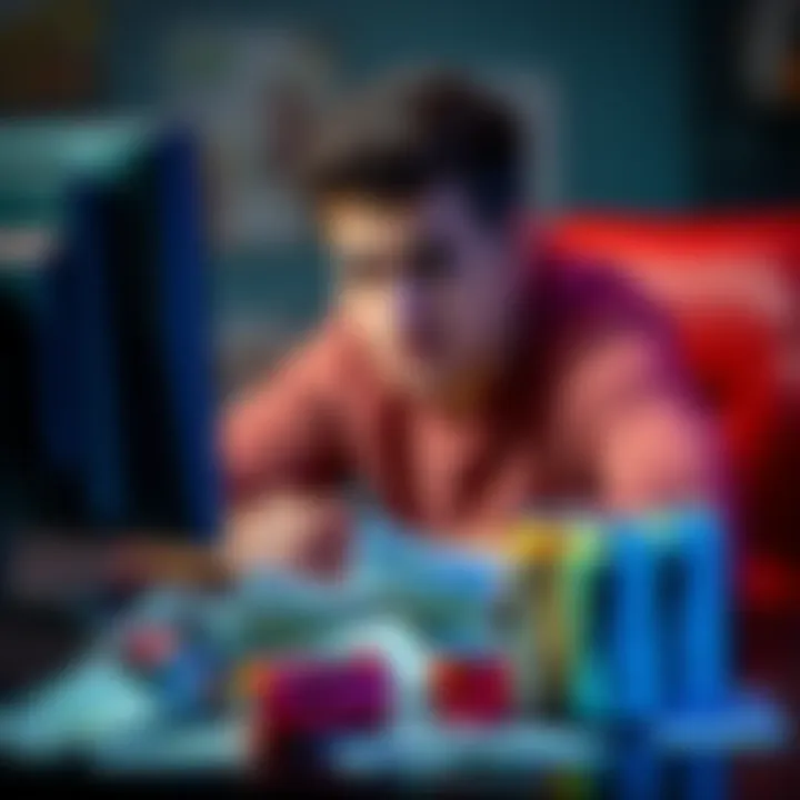 A 24-year-old man sitting at a computer looking stressed, surrounded by bills and empty energy drink cans, representing his struggle with online gaming addiction.