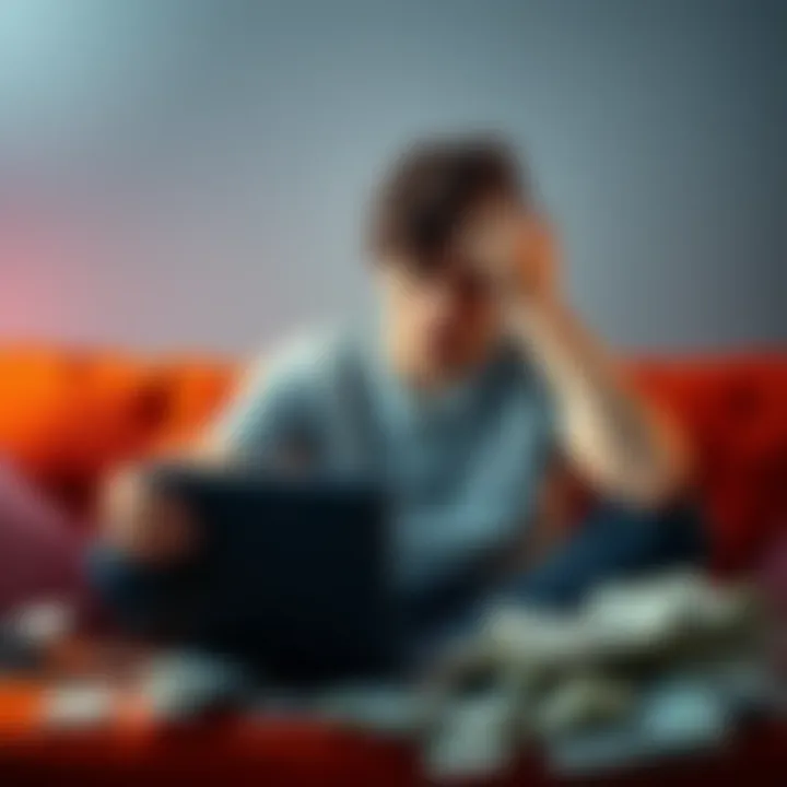 A 22-year-old man sitting on a couch, looking stressed and worried, surrounded by bills and a game console, representing his battle with gambling addiction and financial issues.