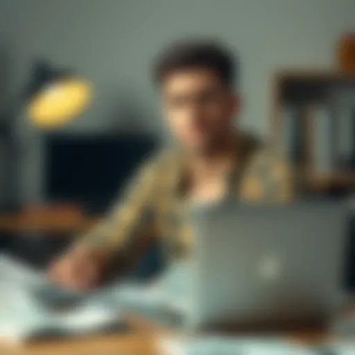 A young man, 23, with a concerned expression, sitting at a desk surrounded by bills and a laptop, reflecting on financial losses.