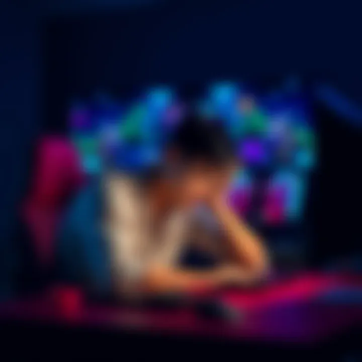 A 19-year-old man sitting at a desk with his head in his hands, looking stressed while staring at his computer screen filled with gaming graphics.