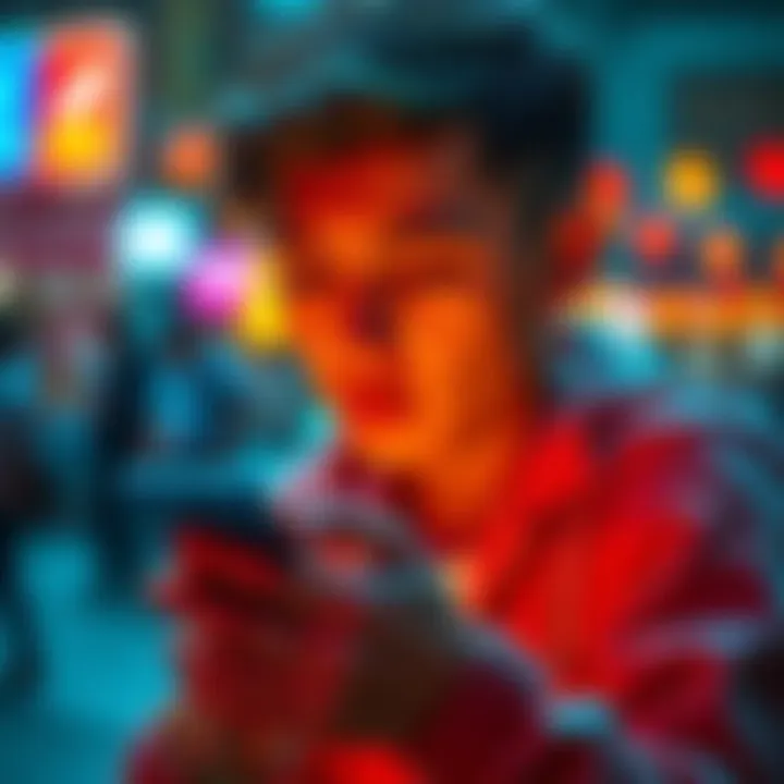 A young person looking at their smartphone, showcasing social media interactions related to the 'Lmk man' trend, with vibrant colors in the background.