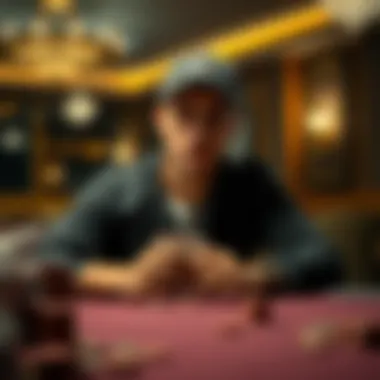 A 23-year-old man sitting at a poker table, looking stressed while holding cards, dimly lit room with chips scattered around