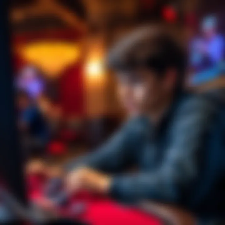 A 19-year-old man sitting at a computer with poker chips, contemplating his online poker winnings.