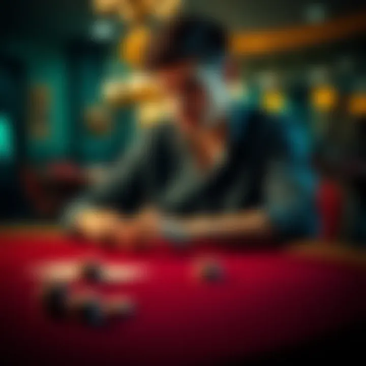 A young man reflecting on his poker game while sitting at a low-stakes casino table with cards and chips in front of him.