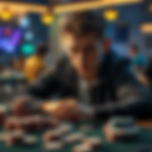 An 18-year-old college student focused on playing poker at a table, surrounded by cards and chips, showing enthusiasm for the game.