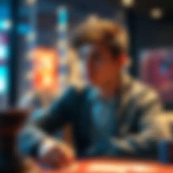 Young software engineer considering poker career A 23-year-old man in a casual setting, pondering his future in professional poker, with poker chips and cards in front of him.