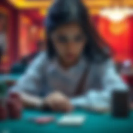 A 25-year-old woman sitting at a table with bills and gambling chips, looking worried and overwhelmed