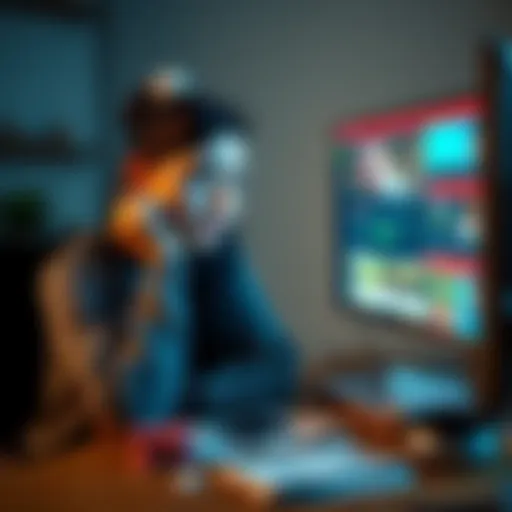 A 21-year-old woman sits with a worried expression, looking at a pile of bills and a computer screen showing gambling sites. Her face shows regret and concern over her financial situation.