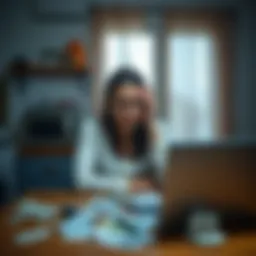 A young woman in her 20s sits alone at a kitchen table, surrounded by bills and a laptop, looking stressed and anxious about her mother's gambling addiction.